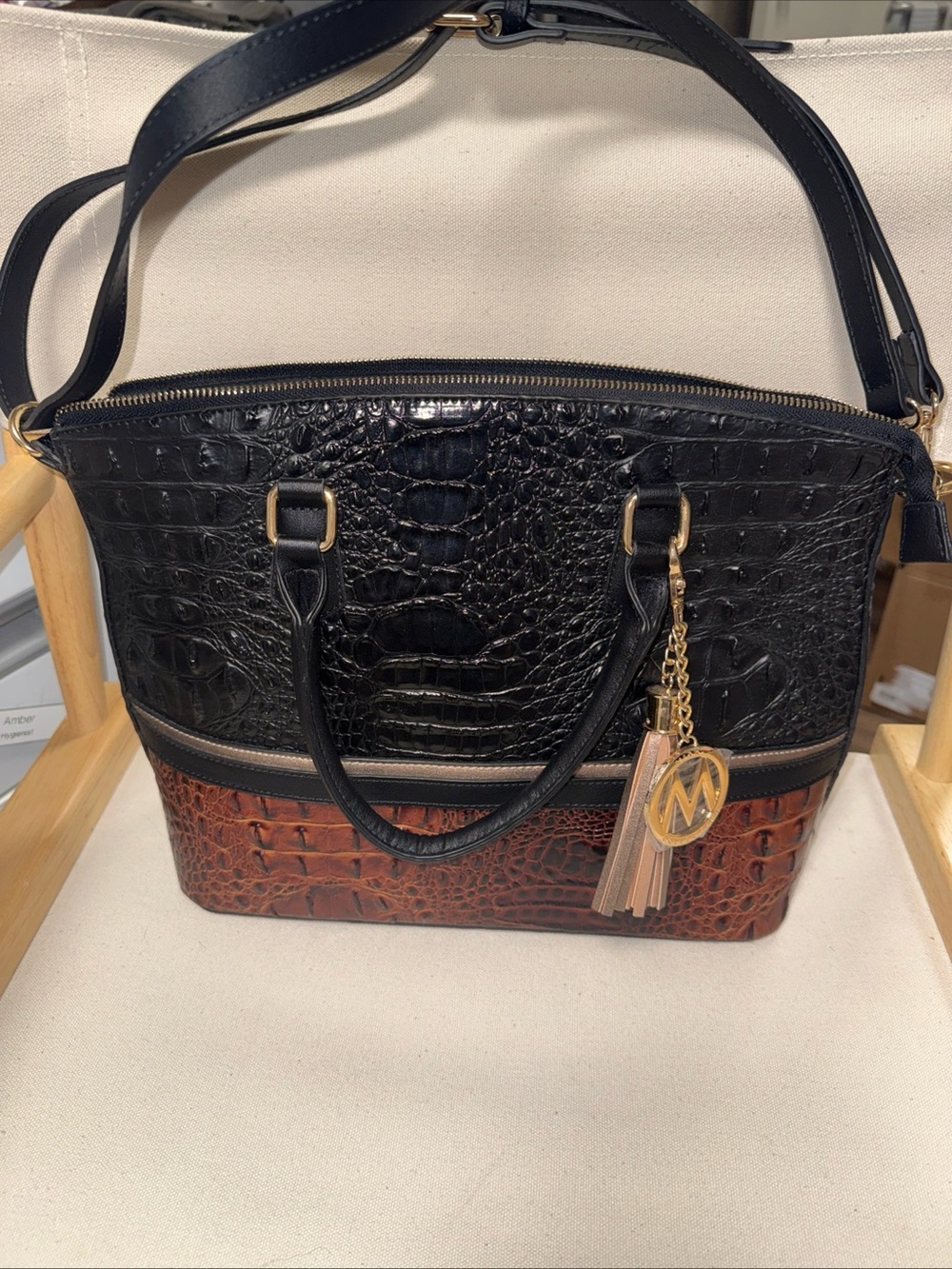 MIA Black and Brown Croc-Embossed Shoulder Bag